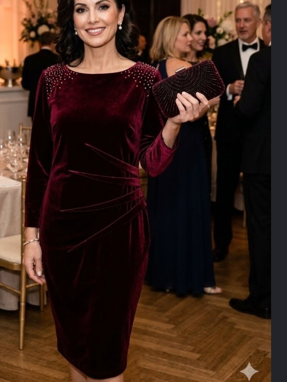 SLNY Burgundy Velvet Midi Dress with Beaded Shoulders
